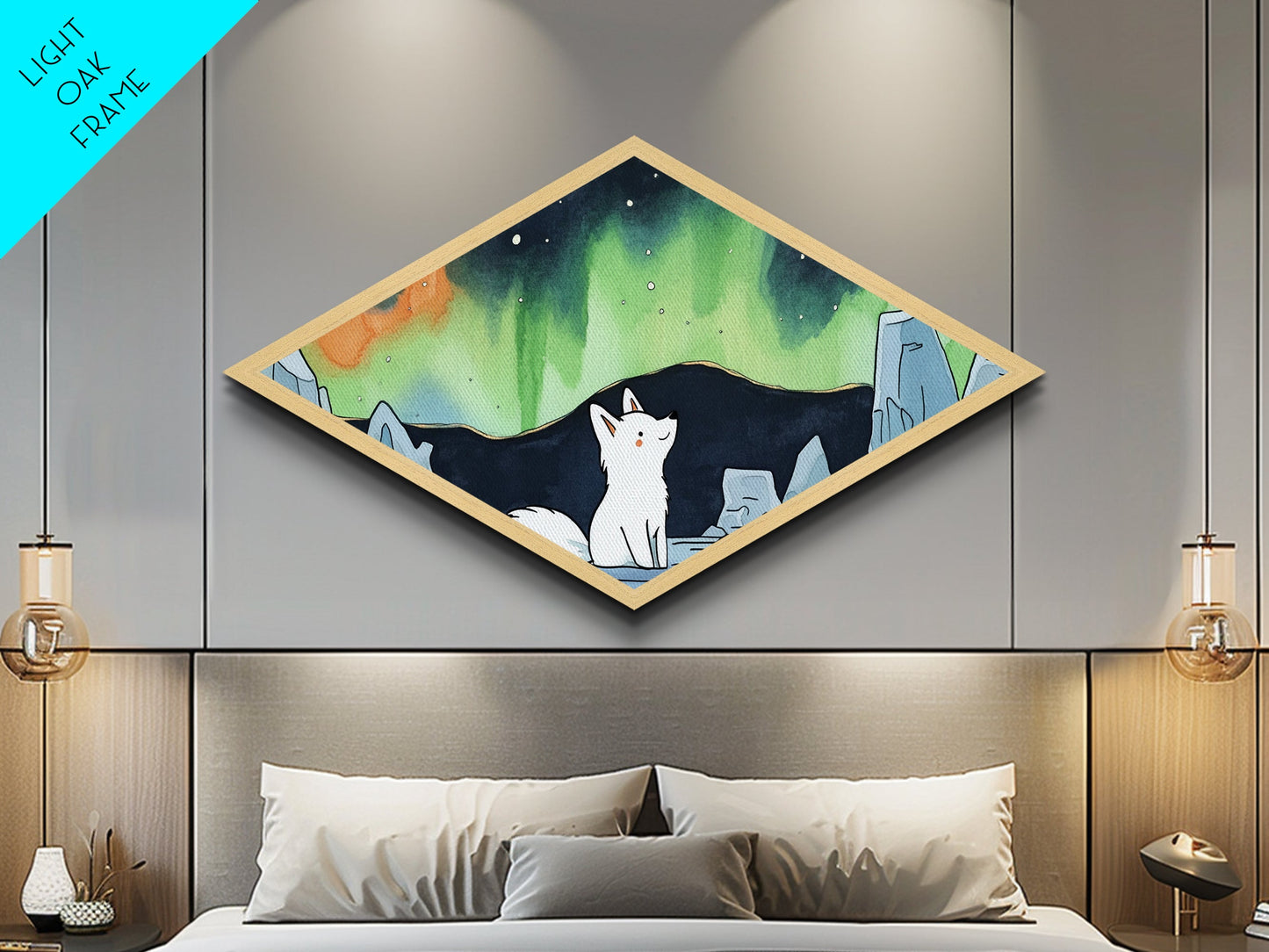 Cute Wolf Cub Under The Northern Lights, Diamond Shaped Canvas Texture Art Print, Coastal Boho Decor