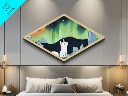 Cute Wolf Cub Under The Northern Lights, Diamond Shaped Canvas Texture Art Print, Coastal Boho Decor