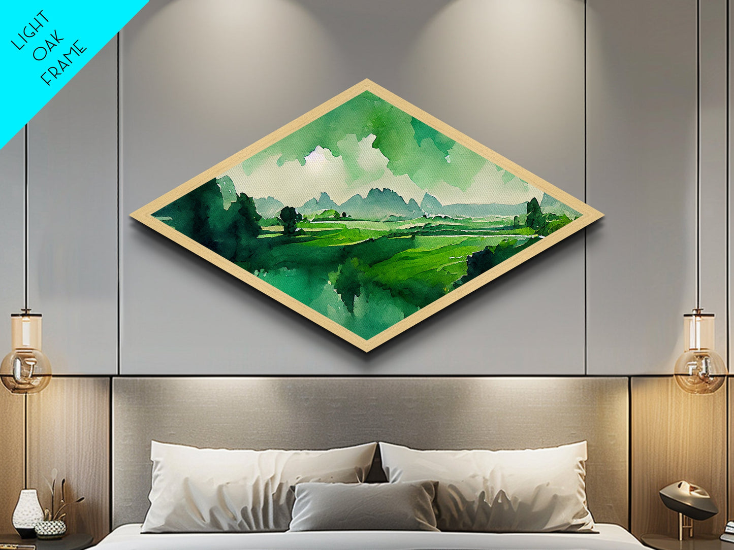 Verdant Horizon Diamond Shaped Landscape Wall Art Canvas Embossed Print Green Mountain Nature Illustration Pastoral Home Decor Accent