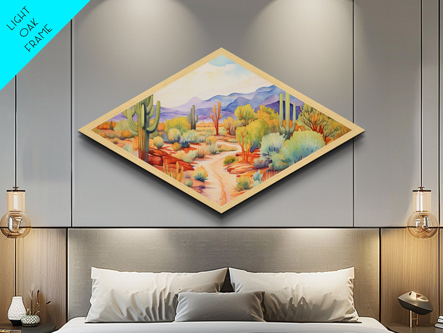 Desert Garden Pathway Diamond Shaped Canvas Embossed Print colorful southwest watercolor cacti art modern boho living room piece