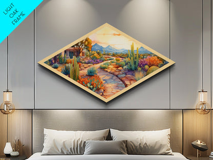 Southwest Garden Retreat Diamond Shaped Canvas Art Print desert botanical cacti and succulents colorful landscape art decor accent