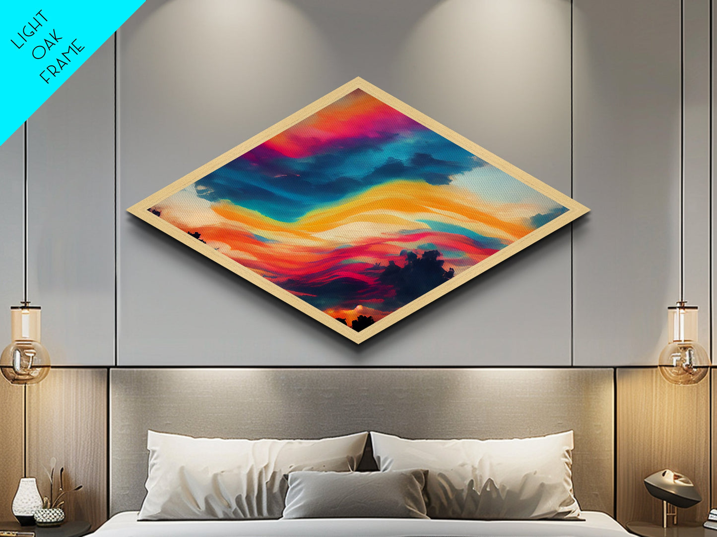 Technicolor Sky Dream Diamond Shaped Canvas Art Print abstract vibrant swirling clouds sunset landscape surreal wall decor gift