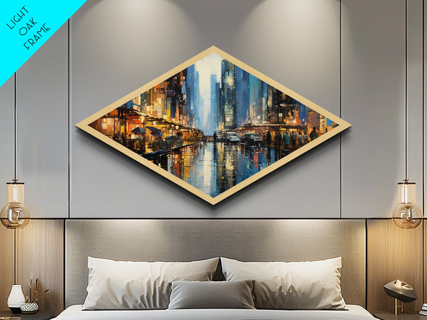 City Street Buzz Diamond Shaped Canvas Embossed Print rainy night urban scene bright lights pedestrians modern cityscape wall decor