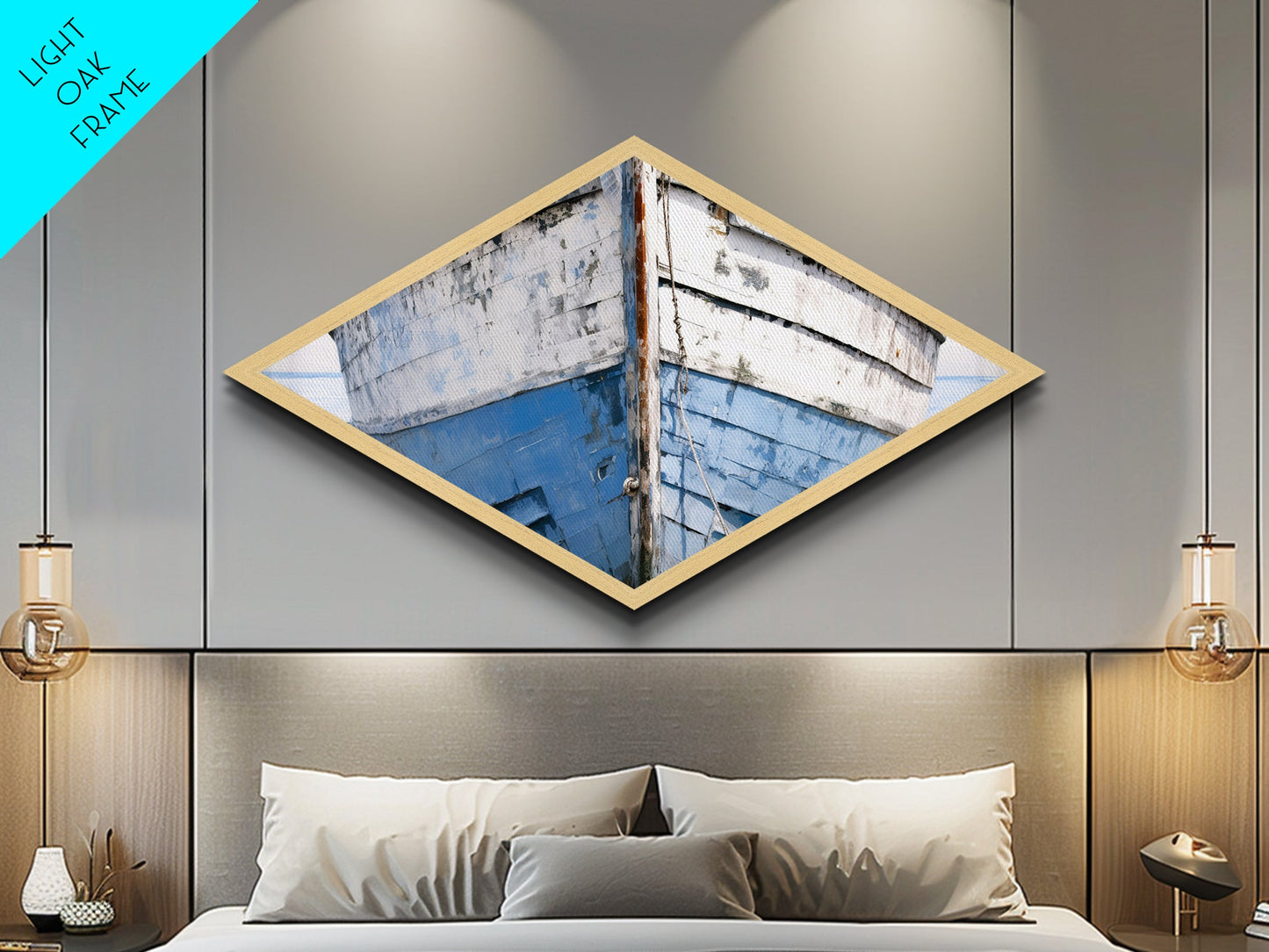 Nautical Hull Charm Diamond Shaped Canvas Textured Print rustic boat bow ocean vessel coastal vintage marine blue white nautical art