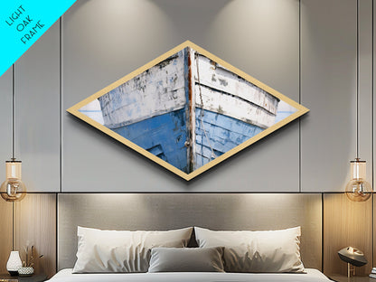 Nautical Hull Charm Diamond Shaped Canvas Textured Print rustic boat bow ocean vessel coastal vintage marine blue white nautical art