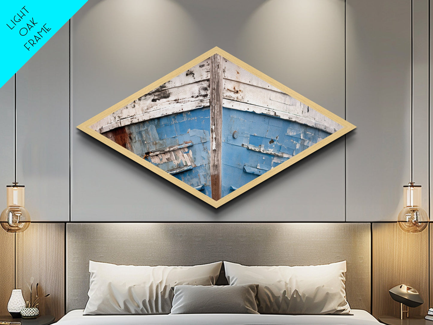 Chipped Boat Nostalgia Diamond Shaped Canvas Embossed Print rustic nautical decor blue white boat hull worn texture seaside wall piece