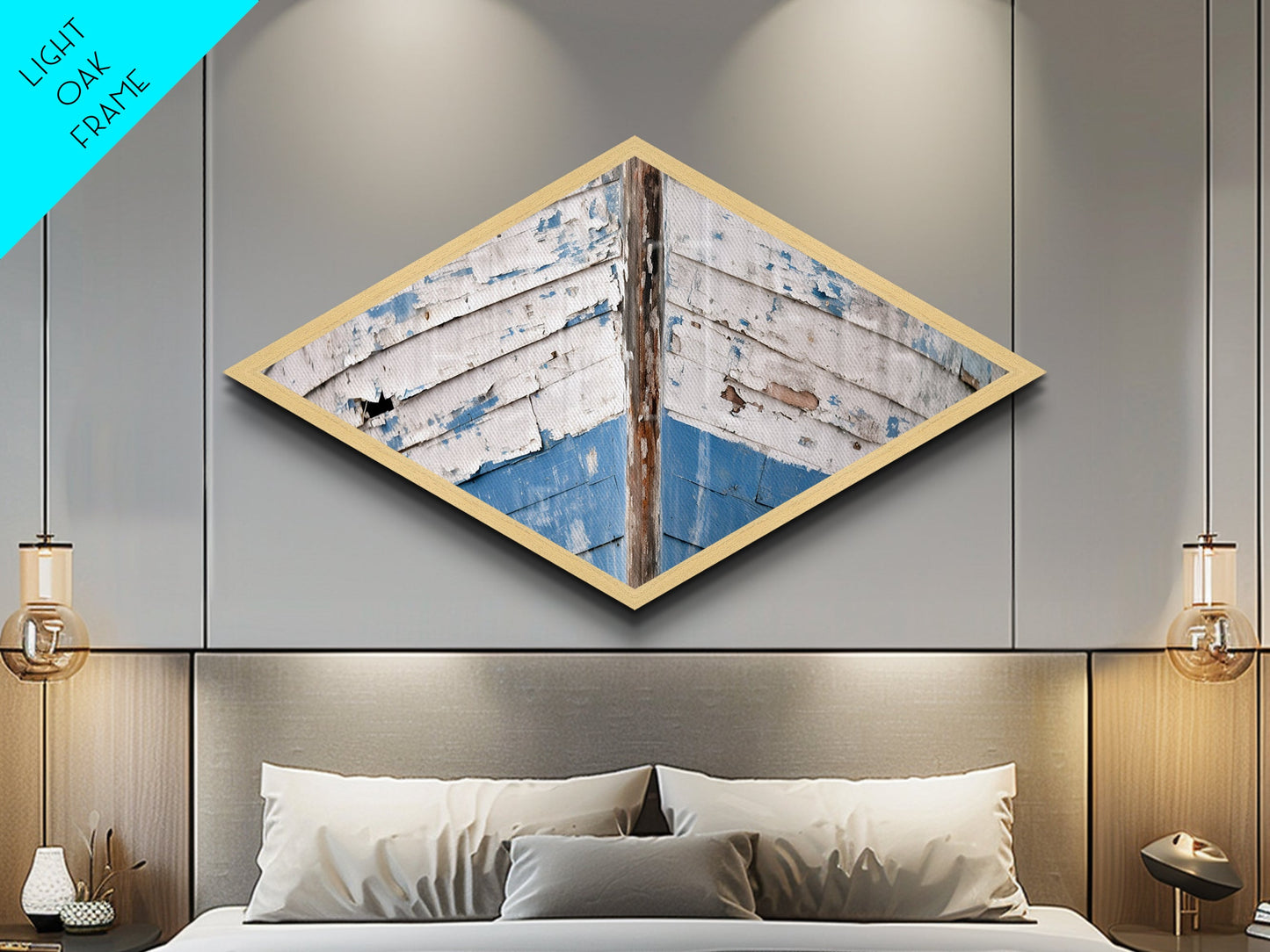 Distressed Vessel Edge Diamond Shaped Canvas Art Print coastal ship hull rustic weathered nautical marine decor blue tones boatfront