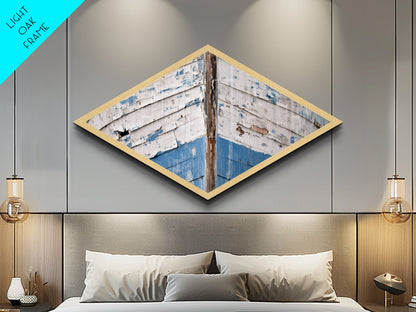 Distressed Vessel Edge Diamond Shaped Canvas Art Print coastal ship hull rustic weathered nautical marine decor blue tones boatfront