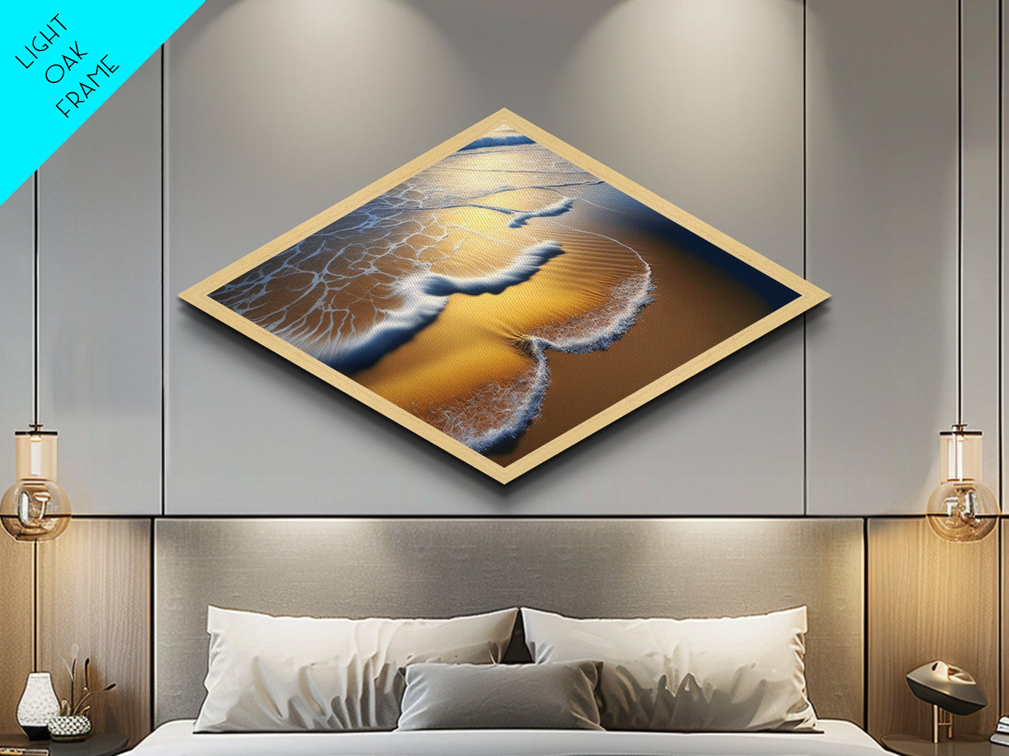 Golden Shoreline Tide – Diamond Shaped Ocean Wave Wall Decor, Coastal Nature Canvas Embossed Print, Beach Sunset Home Accent