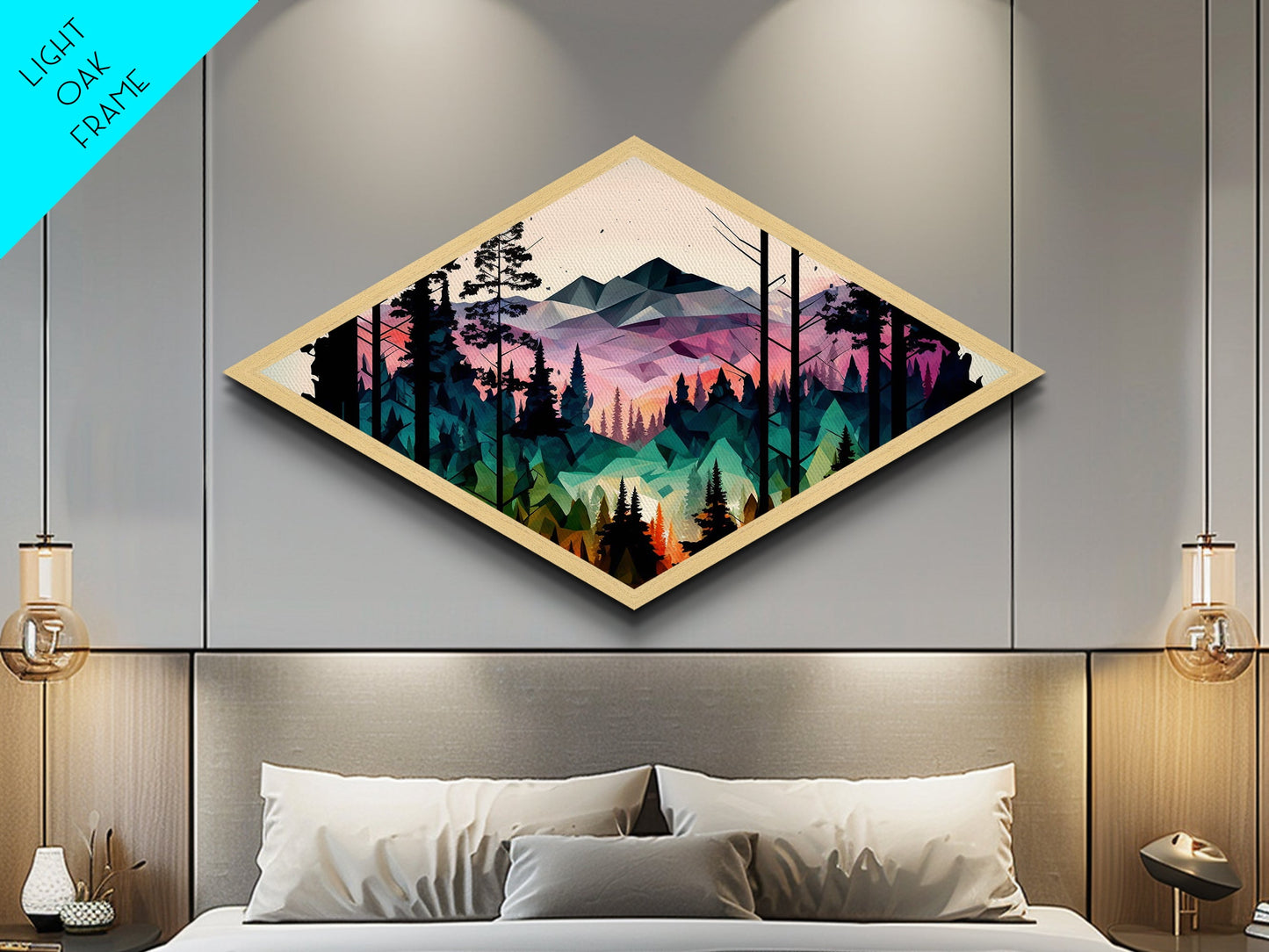 Polygonal Peaks View – Diamond Shaped Geometric Mountain Landscape Canvas Art Print, Nature Forest Sunrise Wall Accent