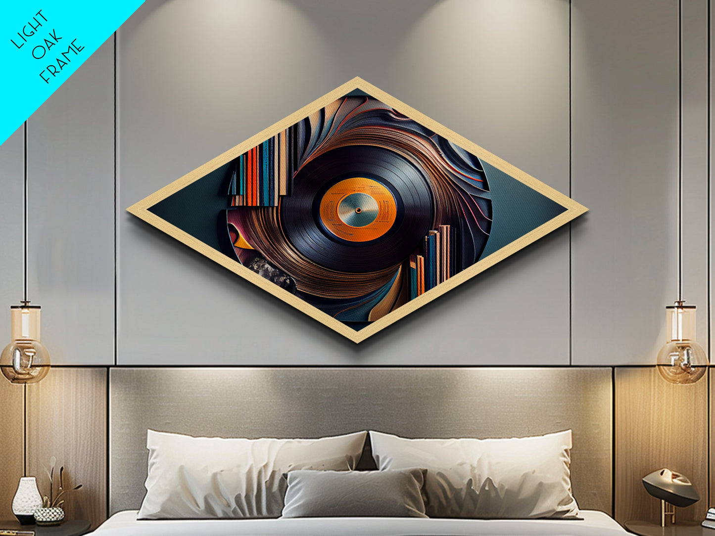 Vinyl Whirl Swirl – Diamond Shaped Retro Record Canvas Art Print, Music Room Decor with Bookshelf Turntable Vibe