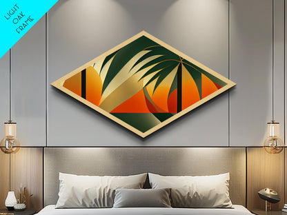 Diamond Shaped Palm Horizon — Tropical Abstract Retro Sunset Canvas Embossed Print, Geometric Island Decor, Bold Beach Theme