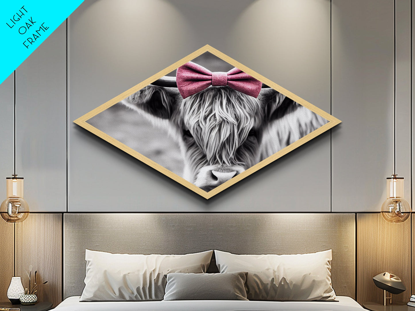 Diamond Shaped Cow Glance — Monochrome Highland Cow Canvas Textured Print, Farm Wall Decor, Whimsical Animal Art with Bow