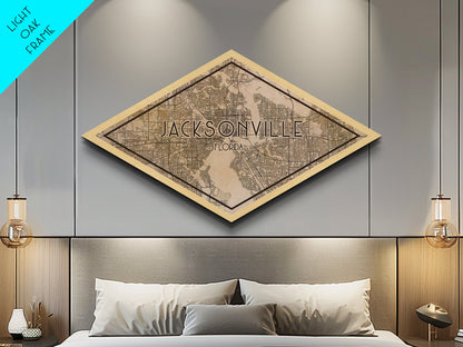 Jacksonville Diamond Shaped City Map, Custom Diamond Shaped Wall Art, City Map Canvas