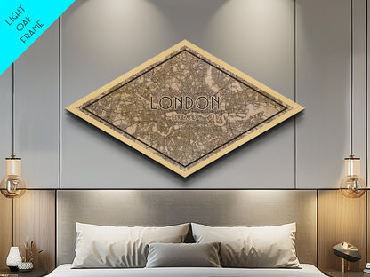 London - UK Diamond Shaped City Map, Custom Diamond Shaped Wall Art, City Map Canvas