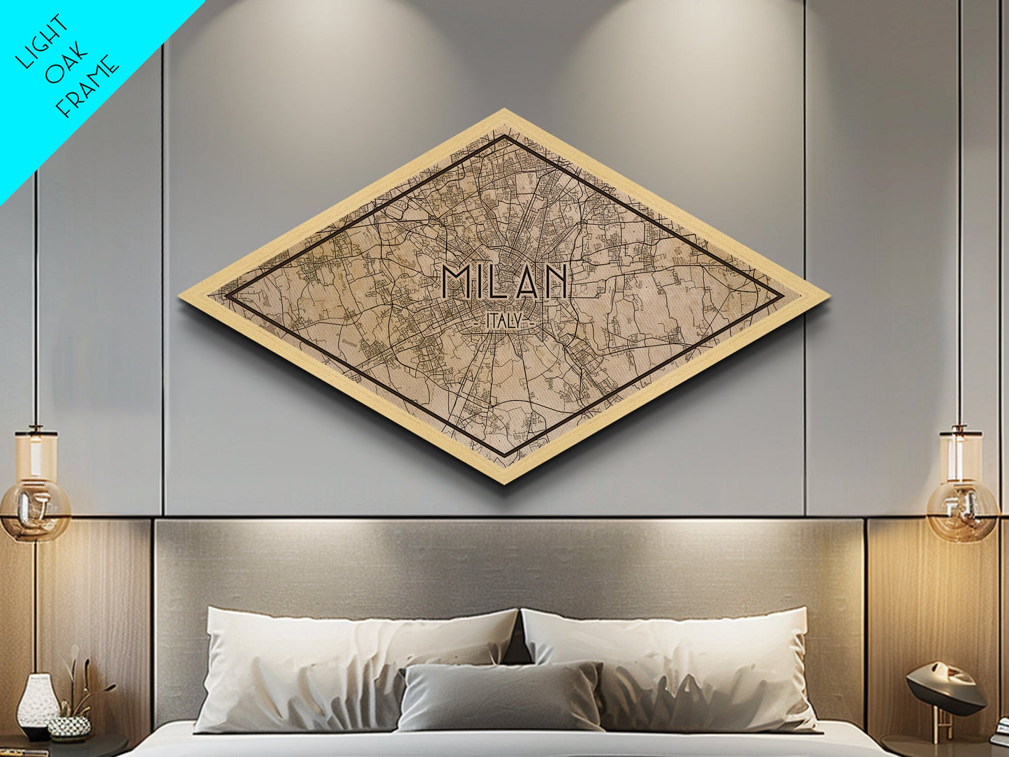 Milan - Italy Diamond Shaped City Map, Custom Diamond Shaped Wall Art, City Map Canvas
