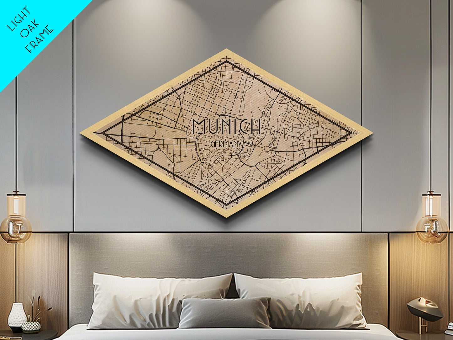 Munich - Germany Diamond Shaped City Map, Custom Diamond Shaped Wall Art, City Map Canvas