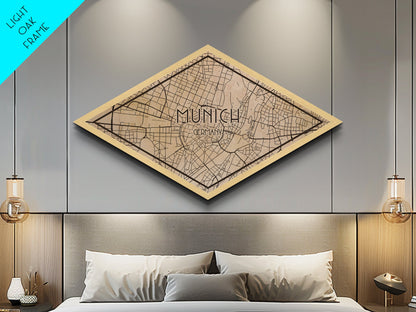 Munich - Germany Diamond Shaped City Map, Custom Diamond Shaped Wall Art, City Map Canvas