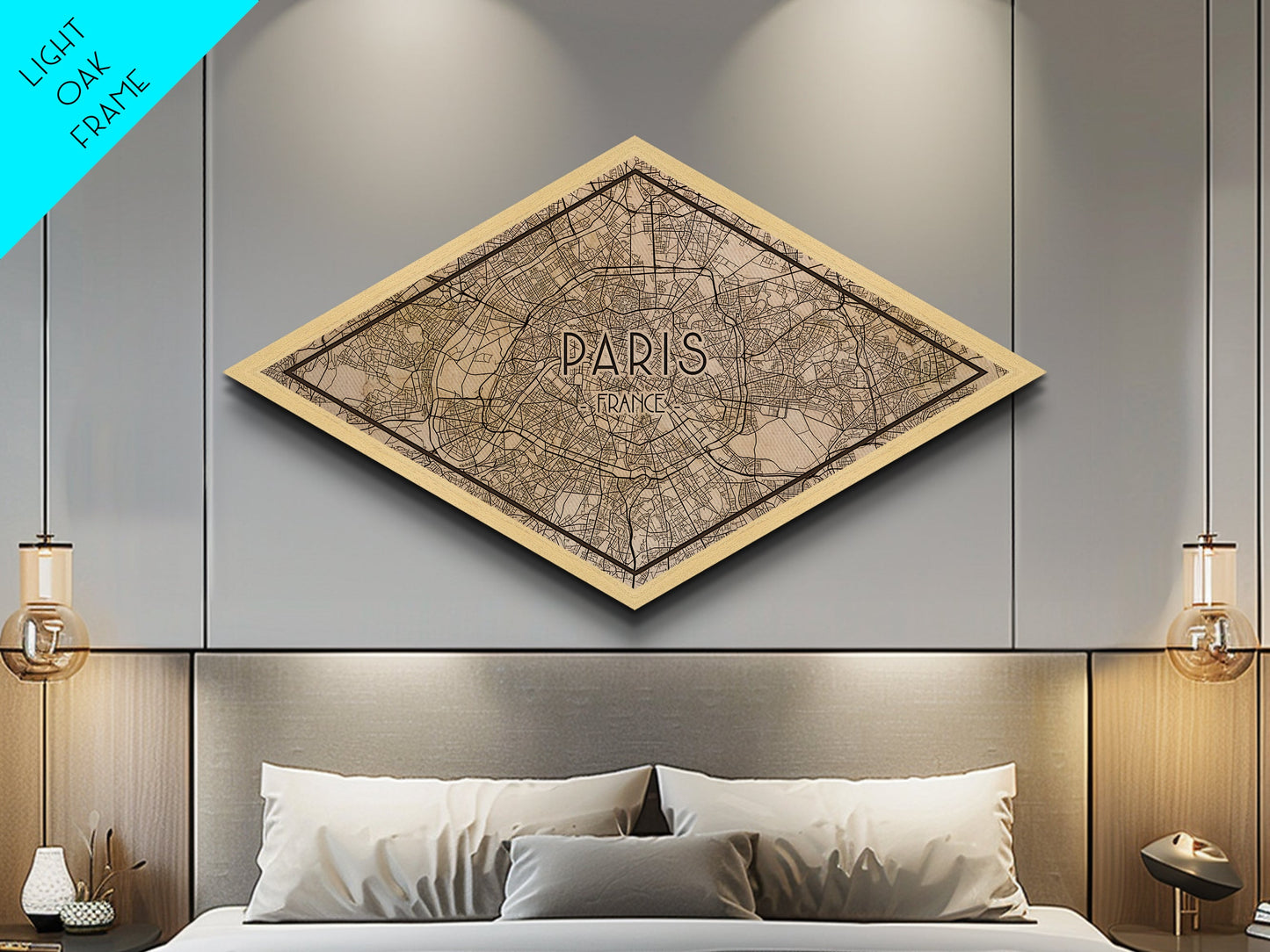Paris - France Diamond Shaped City Map, Custom Diamond Shaped Wall Art, City Map Canvas