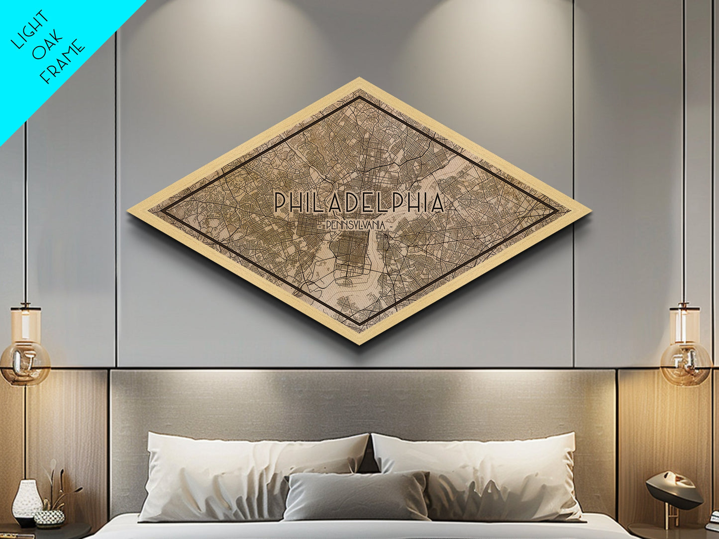 Philadelphia Diamond Shaped City Map, Custom Diamond Shaped Wall Art, City Map Canvas