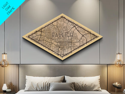 Raleigh Diamond Shaped City Map, Custom Diamond Shaped Wall Art, City Map Canvas