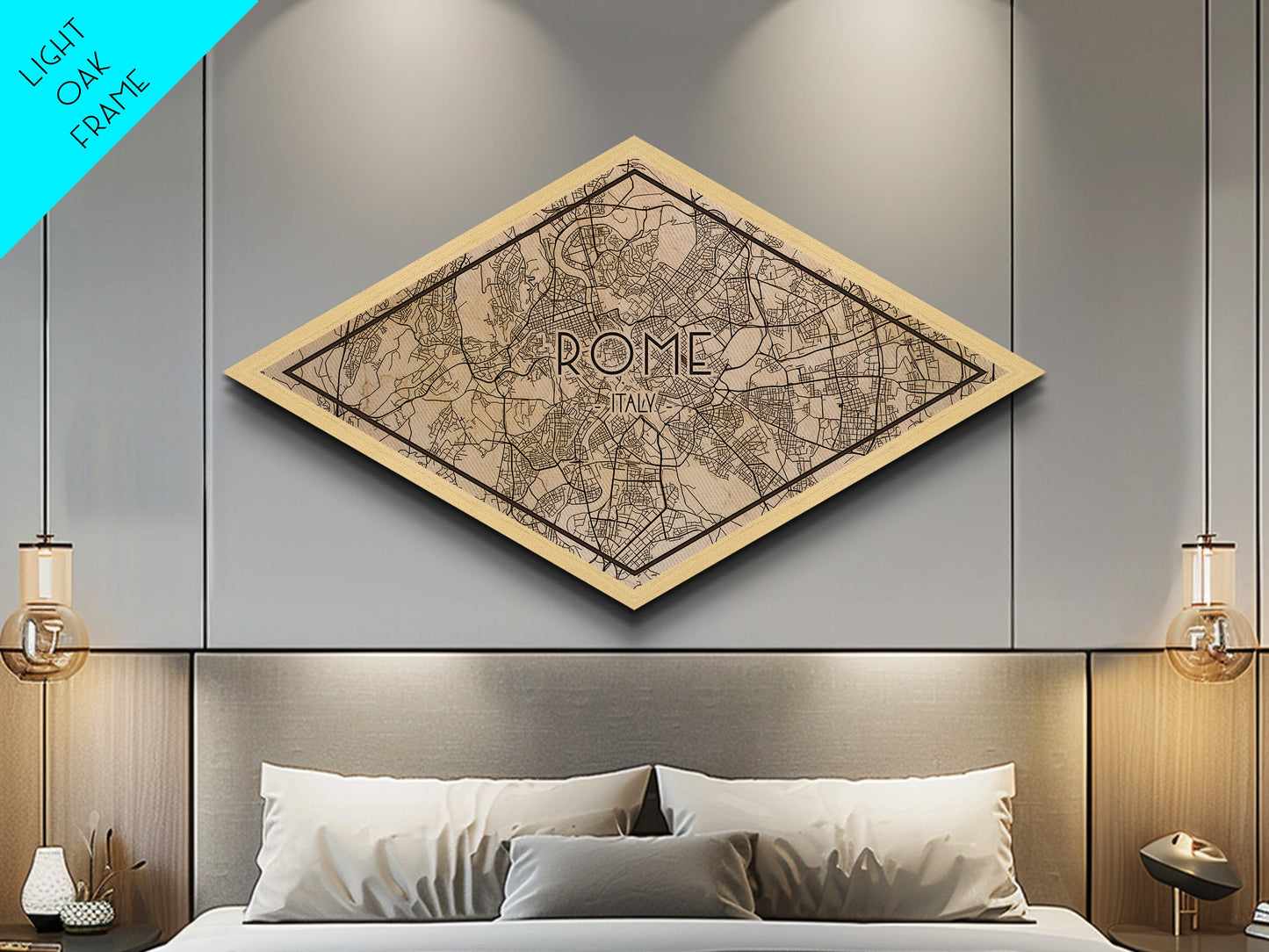 Rome - Italy Diamond Shaped City Map, Custom Diamond Shaped Wall Art, City Map Canvas
