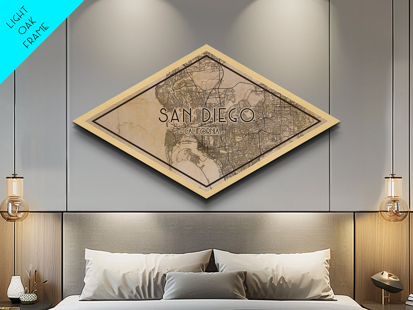San Diego Diamond Shaped City Map, Custom Diamond Shaped Wall Art, City Map Canvas