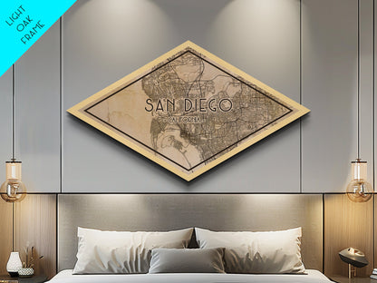 San Diego Diamond Shaped City Map, Custom Diamond Shaped Wall Art, City Map Canvas