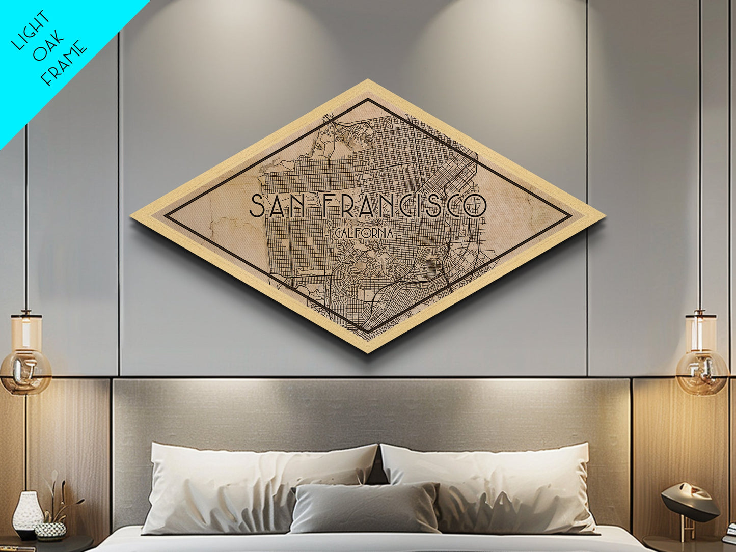 San Francisco Diamond Shaped City Map, Custom Diamond Shaped Wall Art, City Map Canvas