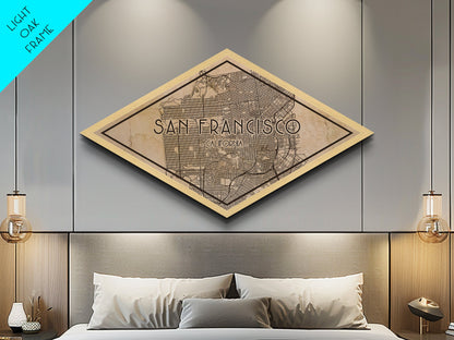 San Francisco Diamond Shaped City Map, Custom Diamond Shaped Wall Art, City Map Canvas