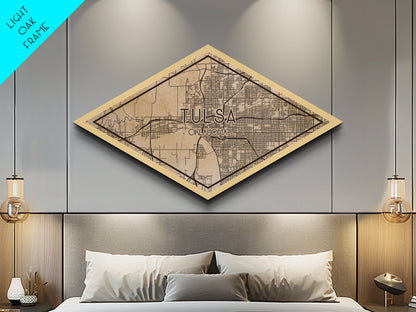 Tulsa Diamond Shaped City Map, Custom Diamond Shaped Wall Art, City Map Canvas