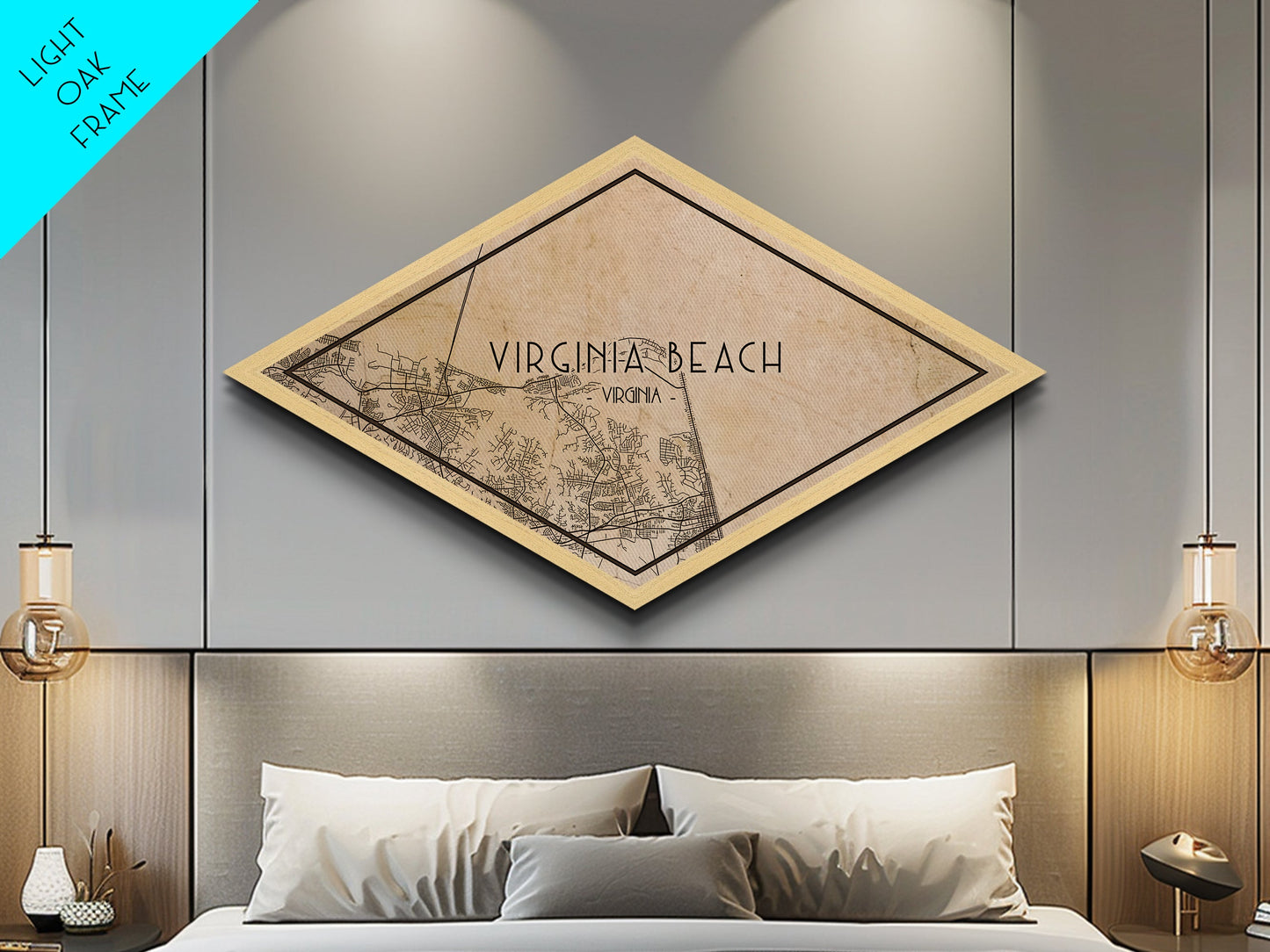 Virginia Beach Diamond Shaped City Map, Custom Diamond Shaped Wall Art, City Map Canvas