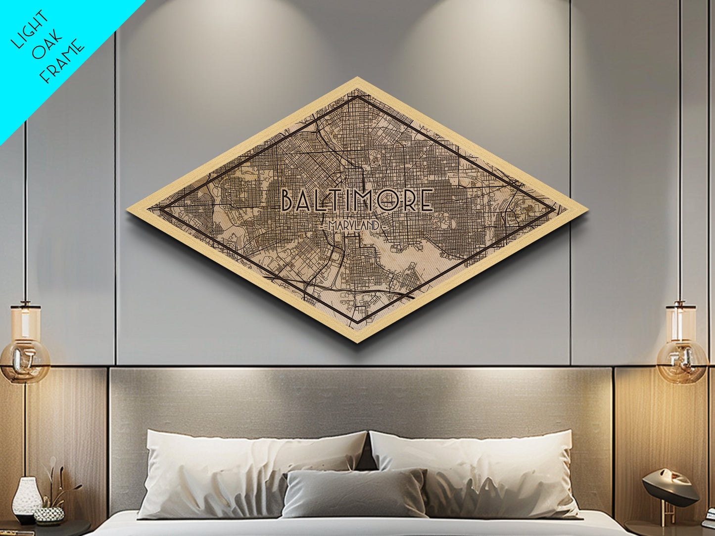 Baltimore Diamond Shaped City Map, Custom Diamond Shaped Wall Art, City Map Canvas