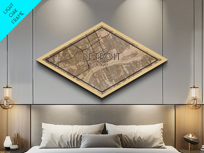 Detroit Diamond Shaped City Map, Custom Diamond Shaped Wall Art, City Map Canvas