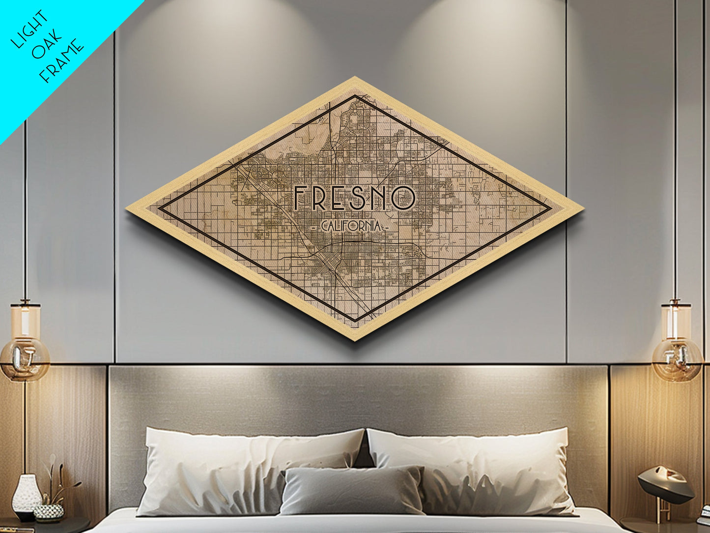 Fresno Diamond Shaped City Map, Custom Diamond Shaped Wall Art, City Map Canvas