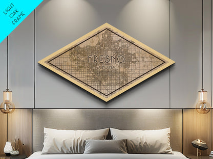Fresno Diamond Shaped City Map, Custom Diamond Shaped Wall Art, City Map Canvas