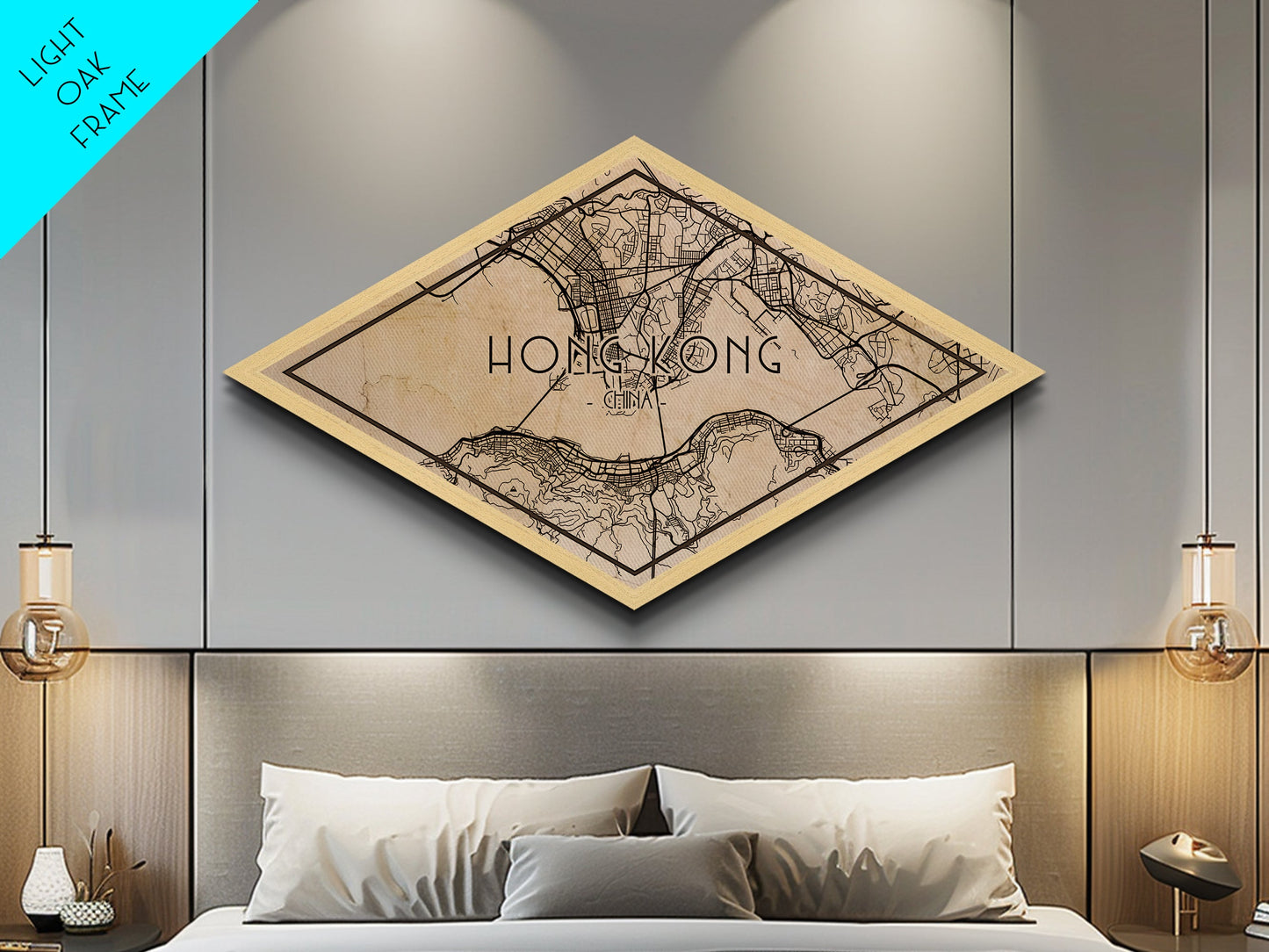 Hong Kong Diamond Shaped City Map, Custom Diamond Shaped Wall Art, City Map Canvas