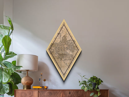 Fresno Diamond Shaped Travel Poster, Custom Diamond Shaped Wall Art, City Map Canvas