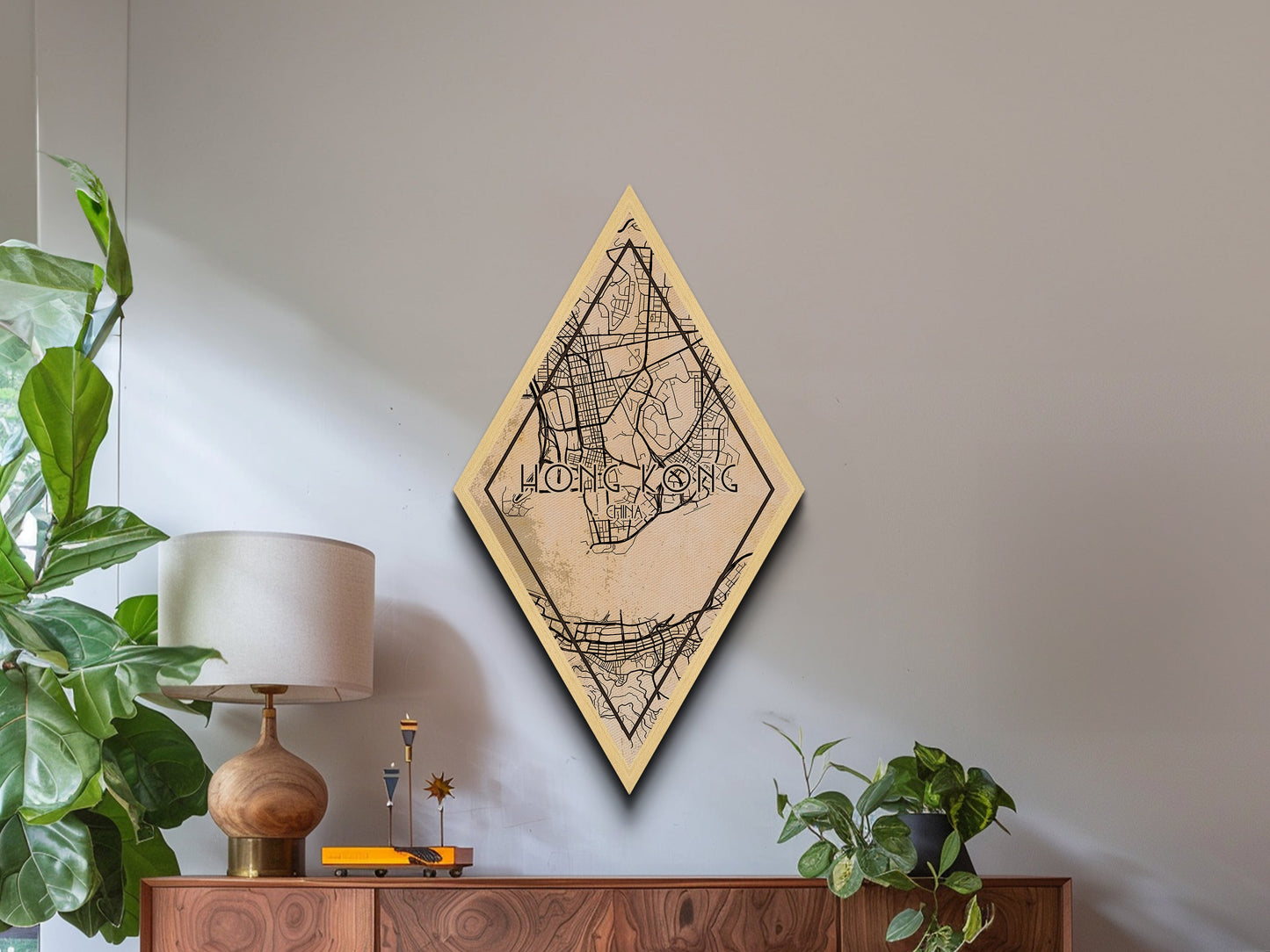 Hongkong-Reiseposter in Rautenform, individuelle Wanddekoration in Rautenform, Stadtplan auf Leinwand