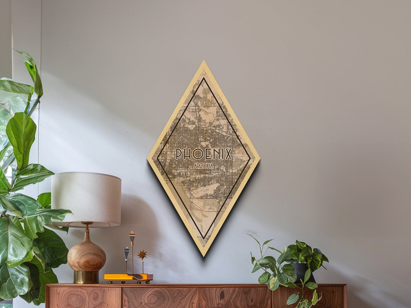 Phoenix Diamond Shaped Travel Poster, Custom Diamond Shaped Wall Art, City Map Canvas