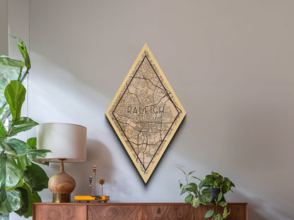 Raleigh Diamond Shaped Travel Poster, Custom Diamond Shaped Wall Art, City Map Canvas