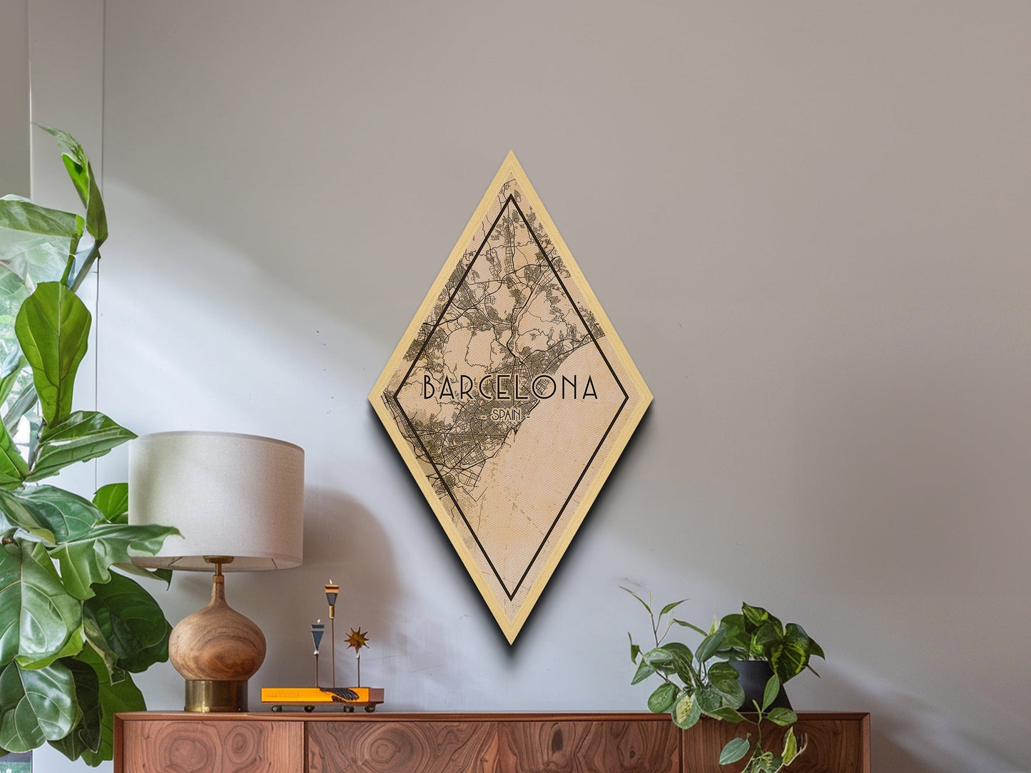 Barcelona - Spain Diamond Shaped Travel Poster, Custom Diamond Shaped Wall Art, City Map Canvas