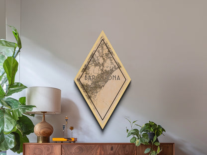 Barcelona - Spain Diamond Shaped Travel Poster, Custom Diamond Shaped Wall Art, City Map Canvas