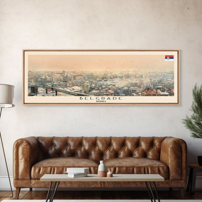 Belgrade Serbia Panoramic Travel Poster, Framed Canvas Print or Metal Wall Art, Travel Art, Home Decor, Panoramic Painting, Midcentury Art