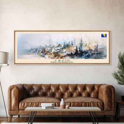 Cazin Bosnia Travel Art, City Art, Framed Canvas Print or Metal Wall Art, Europe Travel Poster, Panoramic Wall Art, Extra Wide Wall Art