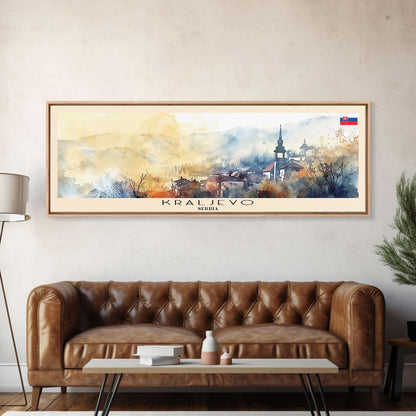 Kraljevo Serbia Panoramic Travel Poster, Framed Canvas Print or Metal Wall Art, Travel Art, Home Decor, Panoramic Painting, Midcentury Art