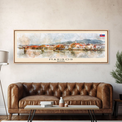 Maribor Slovenia Panoramic Travel Poster, Framed Canvas Print or Metal Wall Art, Travel Art, Home Decor, Panoramic Painting, Midcentury Art