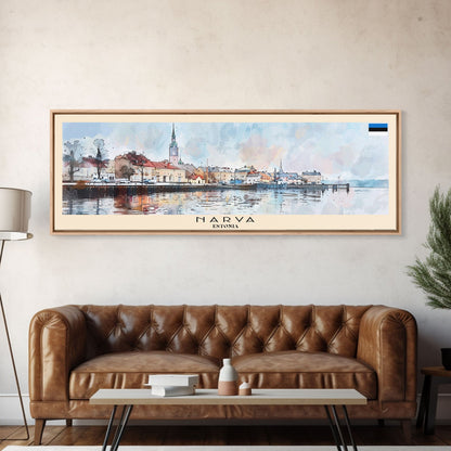 Narva, Estland – Panorama-Reiseposter, gerahmter Leinwanddruck oder Wandbild aus Metall, Reisekunst, Wohndekoration, Panoramagemälde, Kunst der Mitte des 20. Jahrhunderts