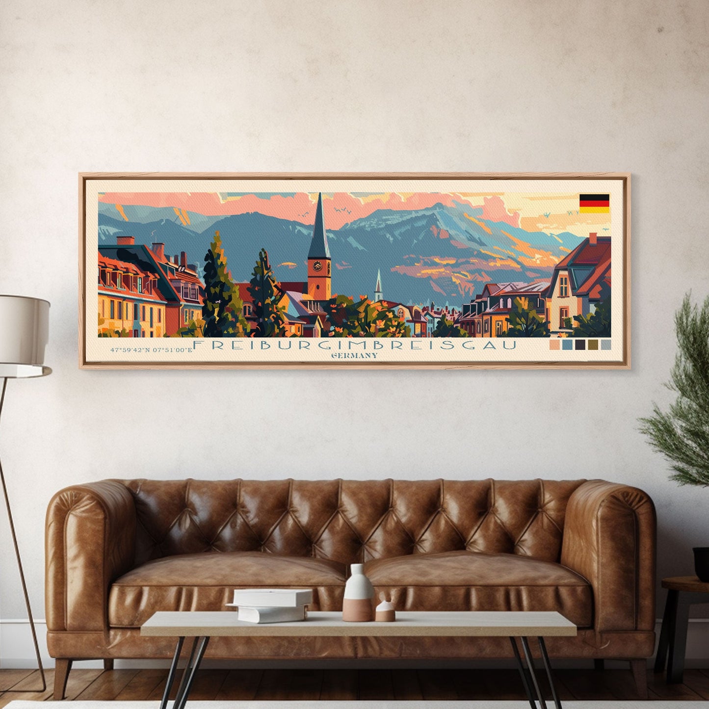 Freiburg Germany Panoramic Travel Poster, Framed Canvas Print or Metal Wall Art, Travel Art, Home Decor, Panoramic Painting, Midcentury Art