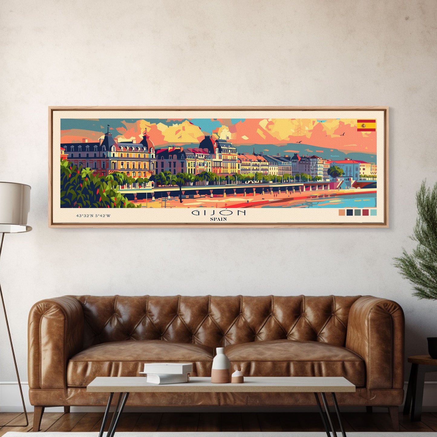 Gijón, Spanien – Kunstdruck für die Wand, Panorama-Stadtbild, Reisekunst, Wanddekoration, Urlaubsgeschenk, gerahmter Leinwanddruck oder Metallbild
